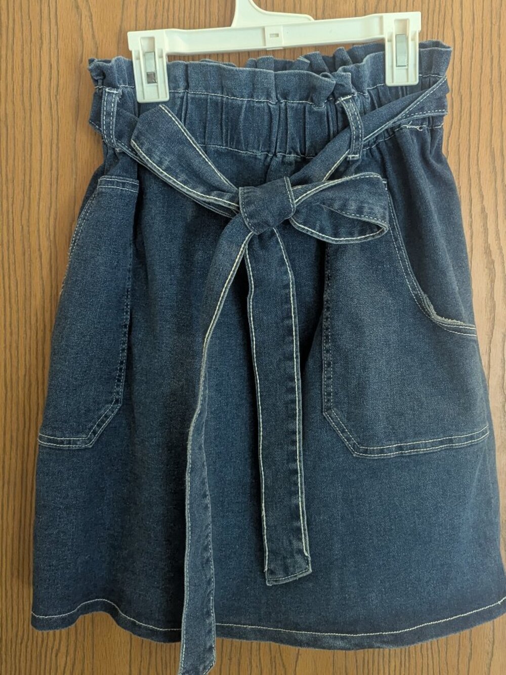 Kancy Kole Denim Dark Wash Jean Skirt Elastic Waist Tie Belt Pockets-M